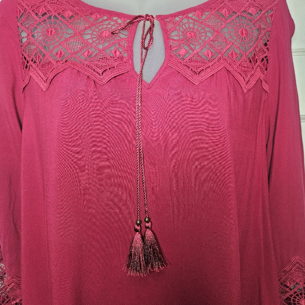 Express Raspberry Red Embroidered Chest W/Tassel Drawstring Shift Dress Sz XS - Picture 9 of 10